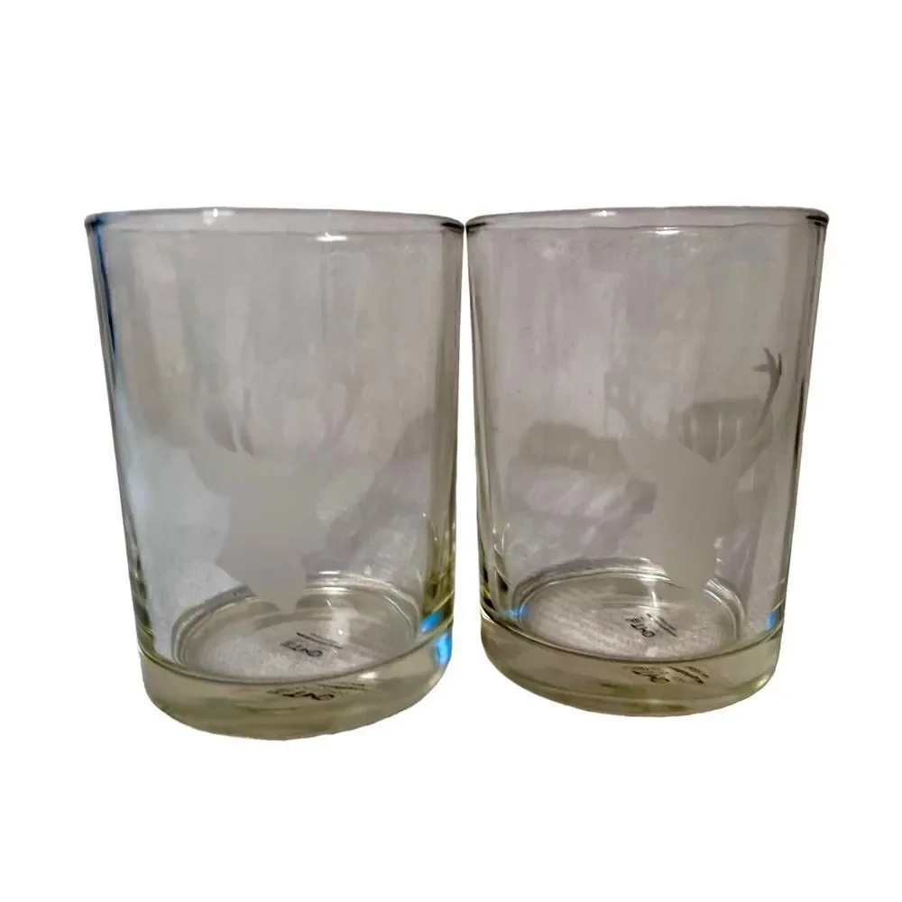 Set of 2 TMD Holdings Deer/Elk Trophy Head Etched Rocks Whiskey Glass Barware